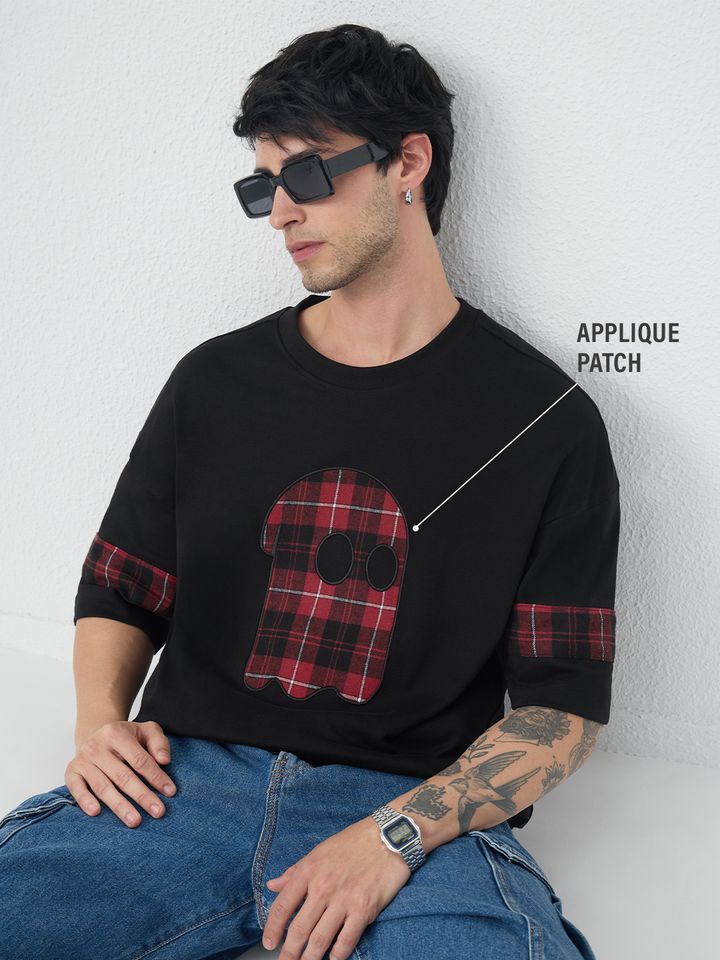 Oversized Black T-Shirt with Plaid Ghost Appliqué Patch