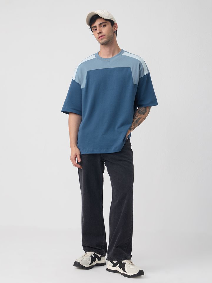 Oversized T-Shirt with Color-Blocked | Fit Blue Panel Tee
