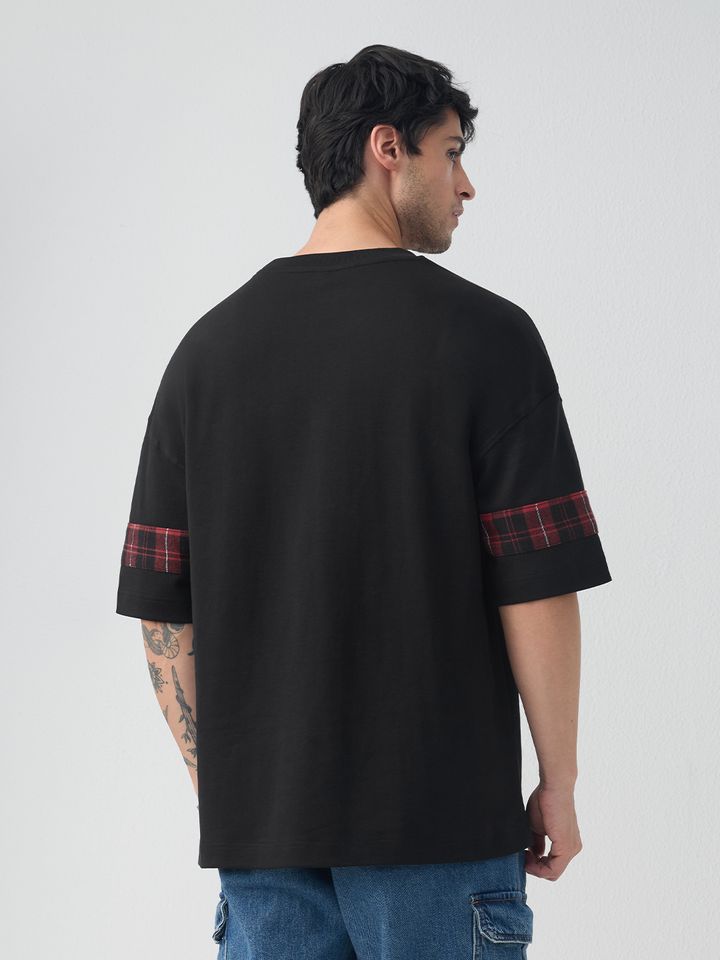 Oversized Black T-Shirt with Plaid Ghost Appliqué Patch