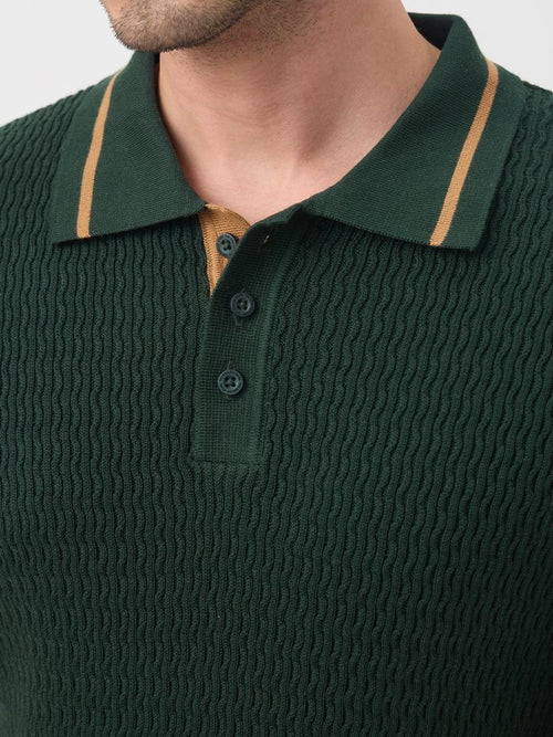 Classic Fit Textured Knit Polo Shirt in Dark Green Tipping