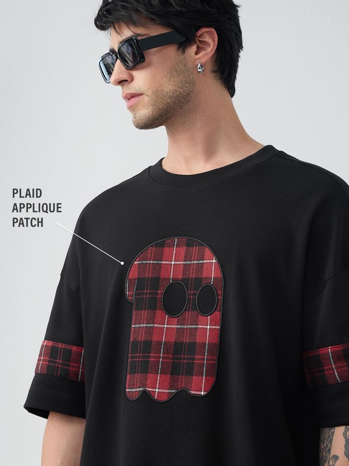 Oversized Black T-Shirt with Plaid Ghost Appliqué Patch